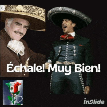 a picture of a man in a mariachi outfit with the words echale muy bien on the bottom