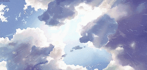 a painting of a blue sky with white clouds and rain falling