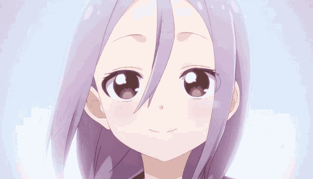 a close up of a girl with purple hair and brown eyes