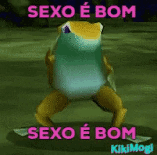a frog is dancing with the words sexo e bom behind it