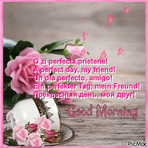 a good morning card with pink roses in a cup and saucer
