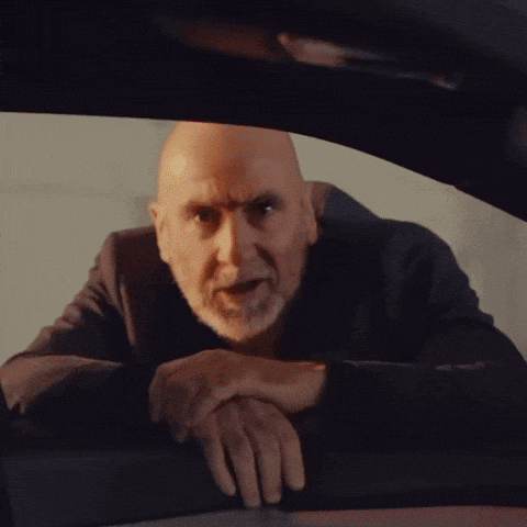 a bald man with a beard is leaning on a car door