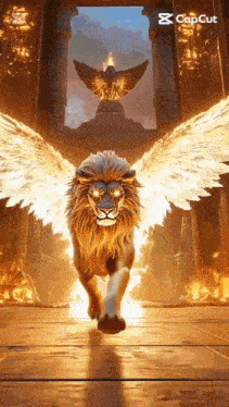 a lion with wings is running in front of a statue of a bird .