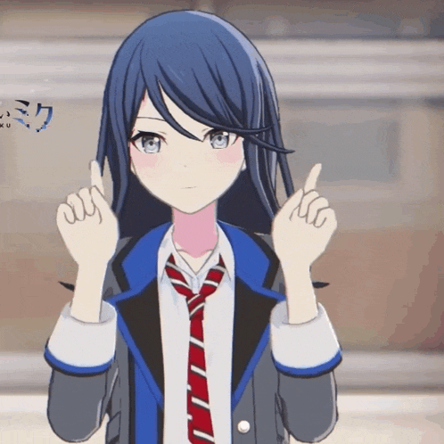 a girl with long blue hair is wearing a tie and giving a thumbs up
