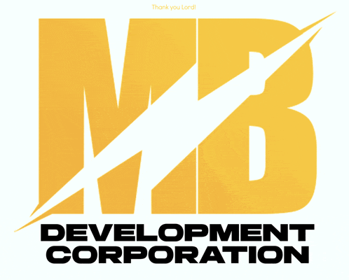 a yellow mb development corporation logo with a white lightning bolt on it