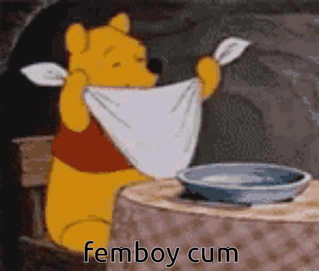 a cartoon of winnie the pooh holding a towel with the words femboy cum below it