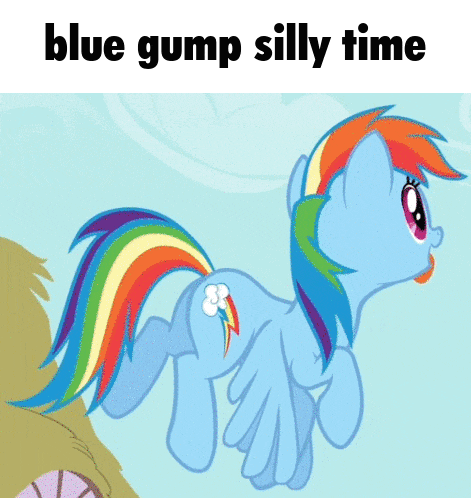 a blue pony with a rainbow tail and the words blue gump silly time