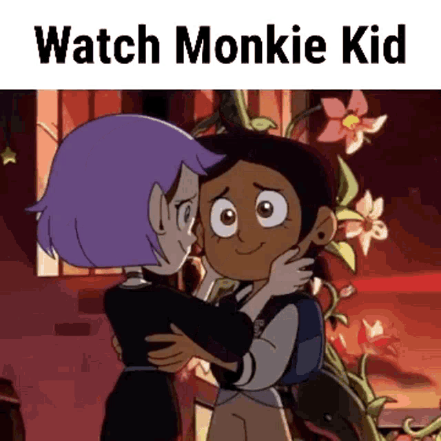 a couple of cartoon characters hugging each other with the words `` watch monkie kid '' written on the bottom .