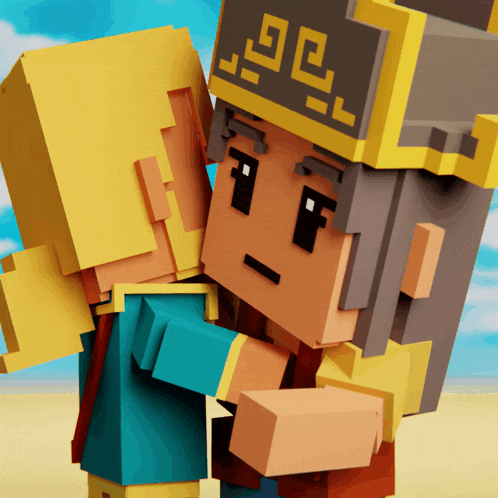 two cartoon characters are hugging each other with one wearing a hat that says ae