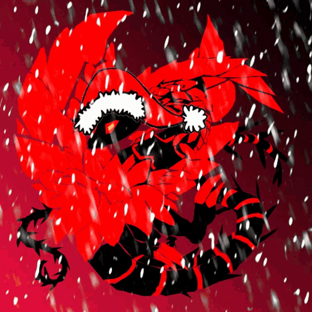 a drawing of a red monster wearing a santa hat in the snow