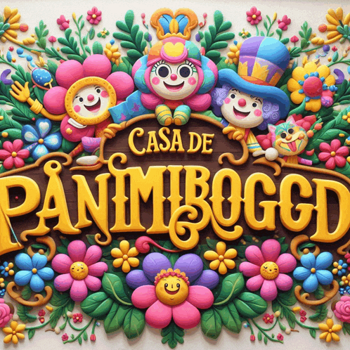 a sign that says casa de panimboggd surrounded by flowers