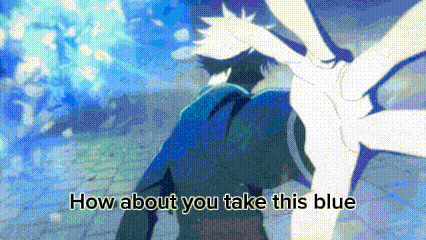 a man in a blue shirt is standing next to a woman in a white dress and the words `` how about you take this blue '' .
