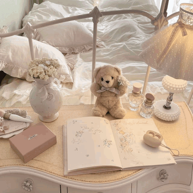 a teddy bear sits on a table next to a book that says " today 's journal "