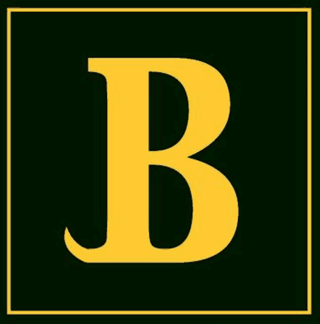 a yellow letter b is in a green square on a green background .