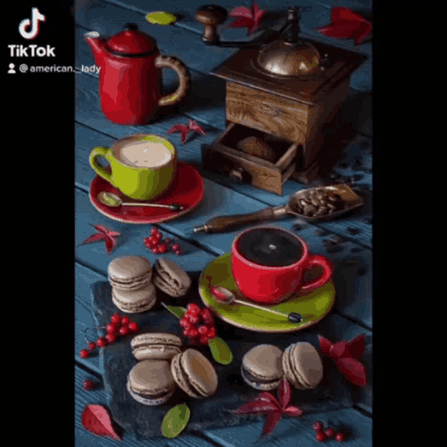 a cup of coffee sits on a saucer next to a coffee grinder and macarons