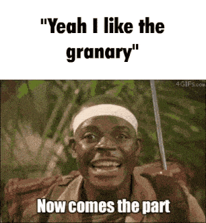a man is smiling and holding an umbrella with the caption " yeah i like the granary "