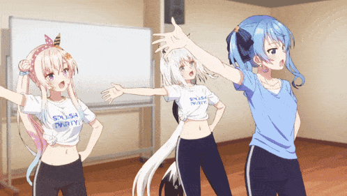 three anime girls wearing shirts that say splash party on them