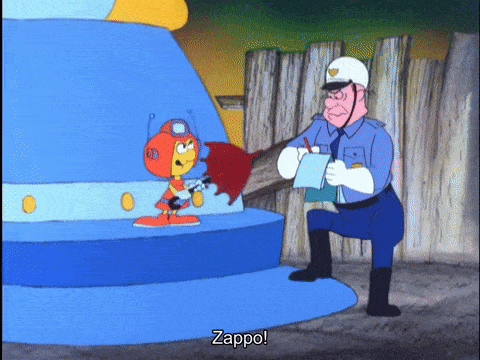 a police officer is talking to a cartoon character with the word zappo on the bottom right