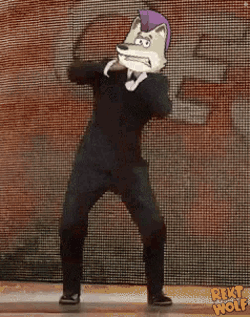 a cartoon of a wolf wearing a suit is dancing in front of a screen that says rekt wolf