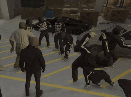 a group of people wearing skeleton hoodies are fighting in a parking lot