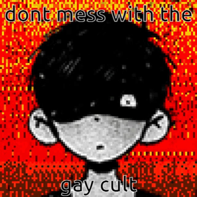 a pixel art of a boy with the words " dont mess with the gay cult " on the bottom