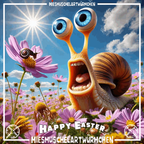 a picture of a snail with blue eyes and the words happy easter on it