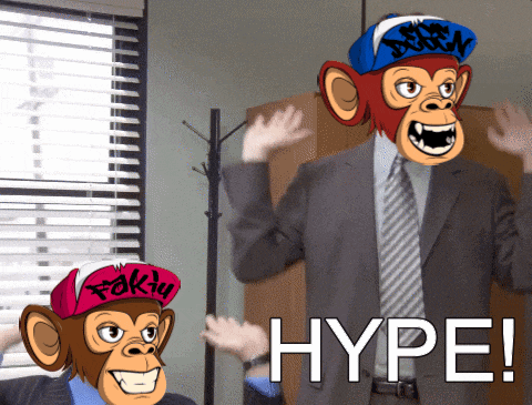a man in a suit and tie with two monkey masks on his faces and the word hype in the bottom right corner