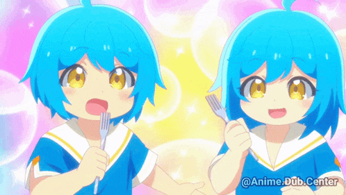 two blue haired anime characters holding forks with the words anime dub center written below them