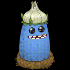 a blue cartoon character with a garlic on top of it 's head