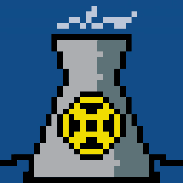 a pixel art drawing of a nuclear power plant with a yellow smiley face on it