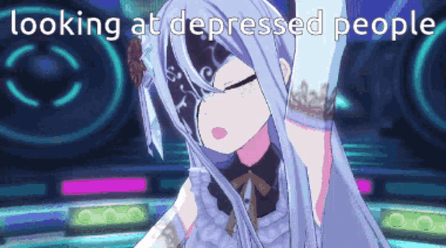 a cartoon of a girl with the words " looking at depressed people " below her