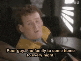 a man is sitting on a bed and says " poor guy no family to come home to every night "