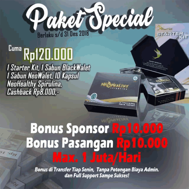 a package that says paket special with boxes of neohealthy spirulina
