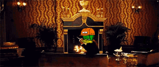 a room with a fireplace and a cartoon drawing of a man