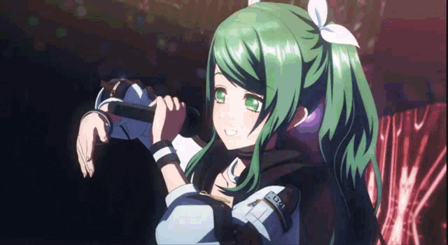 a girl with green hair is singing into a microphone with the word love on it