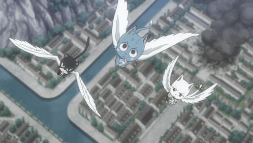 three cartoon characters are flying over a city with wings