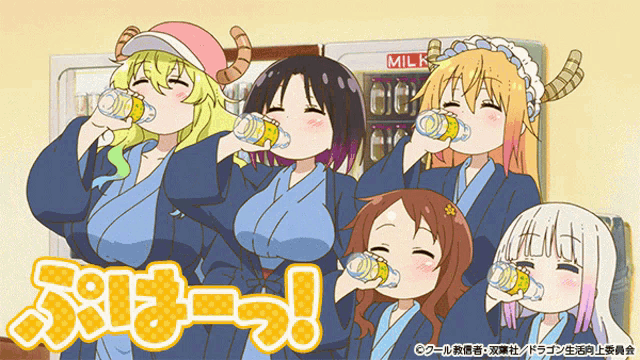 a group of anime girls drinking from bottles in front of a milk dispenser