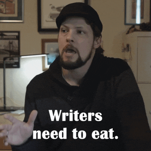 a man with a beard and a hat says " writers need to eat "