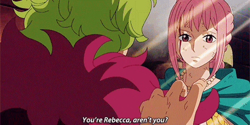 a girl with pink hair is talking to a man with green hair and says you 're rebecca aren 't you