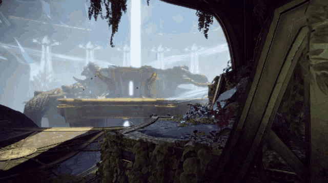 a video game scene with a statue of a lion in the background
