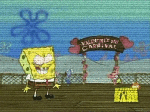 a cartoon of spongebob standing in front of a sign that says valentines day carnival