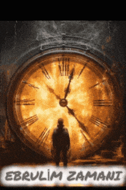 a man is standing in front of a large clock that says ebrulim zamani