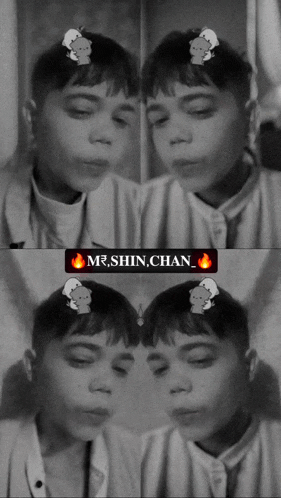 a black and white photo of a young man with the name mr. shin chan