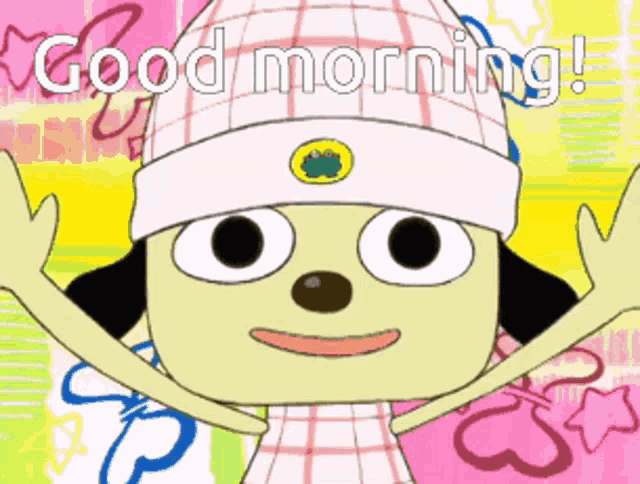 a cartoon character is wearing a pink hat and says " good morning "