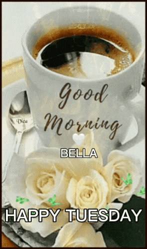 a cup of coffee with the words " good morning bella " on it