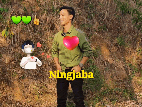 a man in a green shirt is standing in a field with the name ningjaba written on the bottom