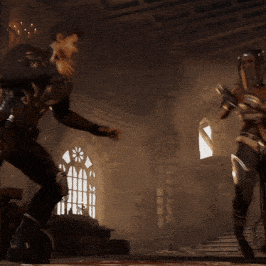 a man and a woman are fighting in a room with a window in the background