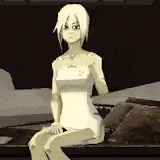 a cartoon girl is sitting on a bed with a towel around her neck .