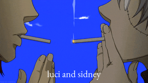 luci and sidney smoking a cigarette with a skull behind them