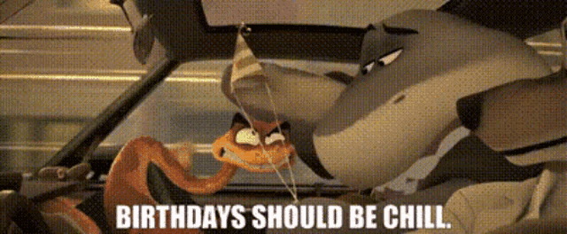 a cartoon of a shark with the words " birthdays should be chill "